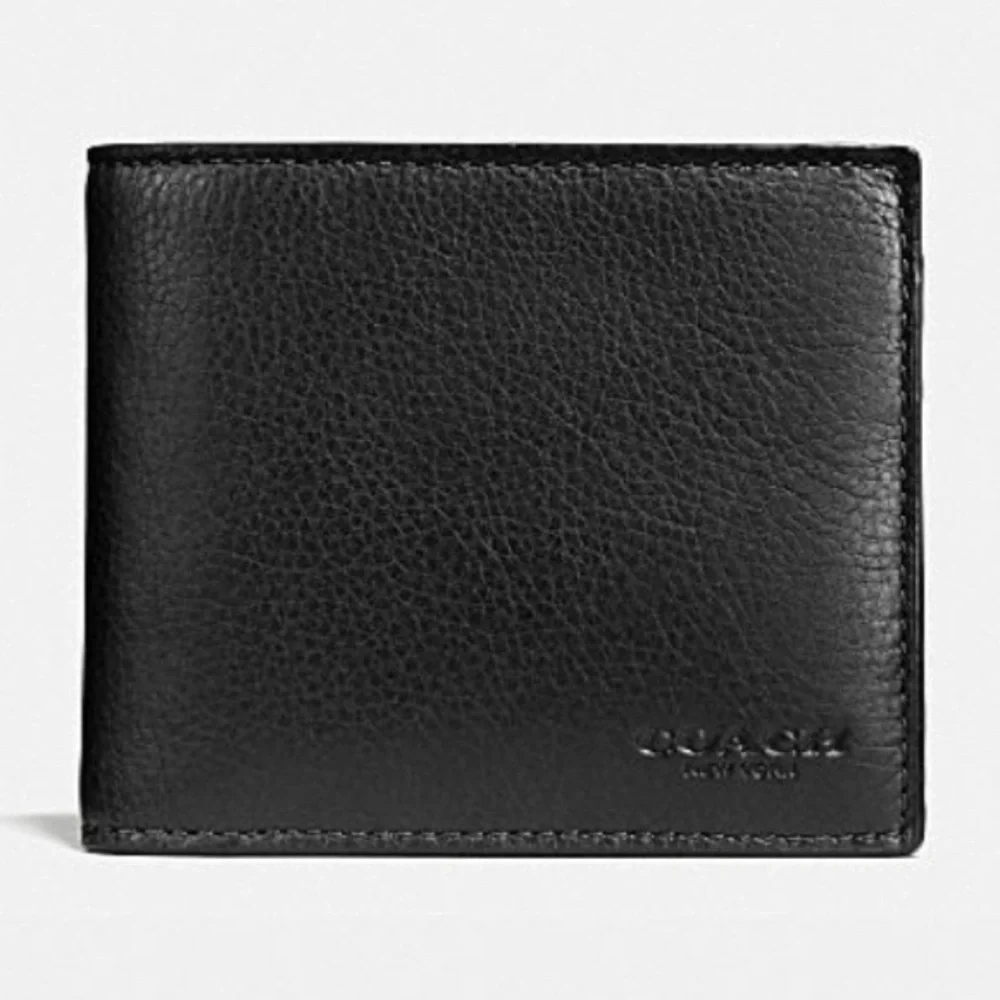 Men’s black leather Coach 3 in 1 wallet NWT. ID card holder slides out